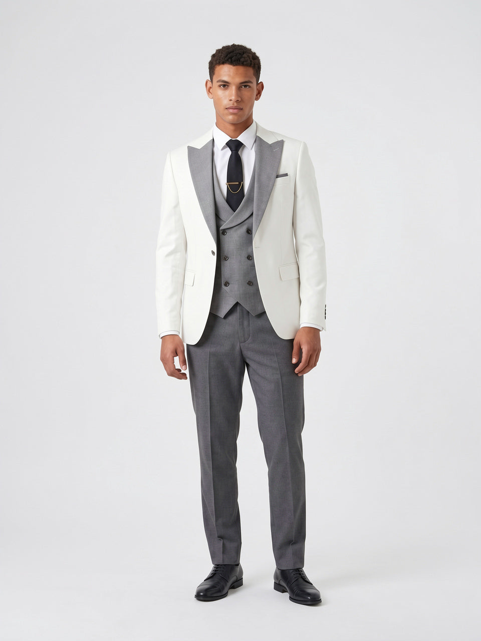 Costume Homme Coupe Ajustée 3 Pièces Gilet Mariage - Argent XS