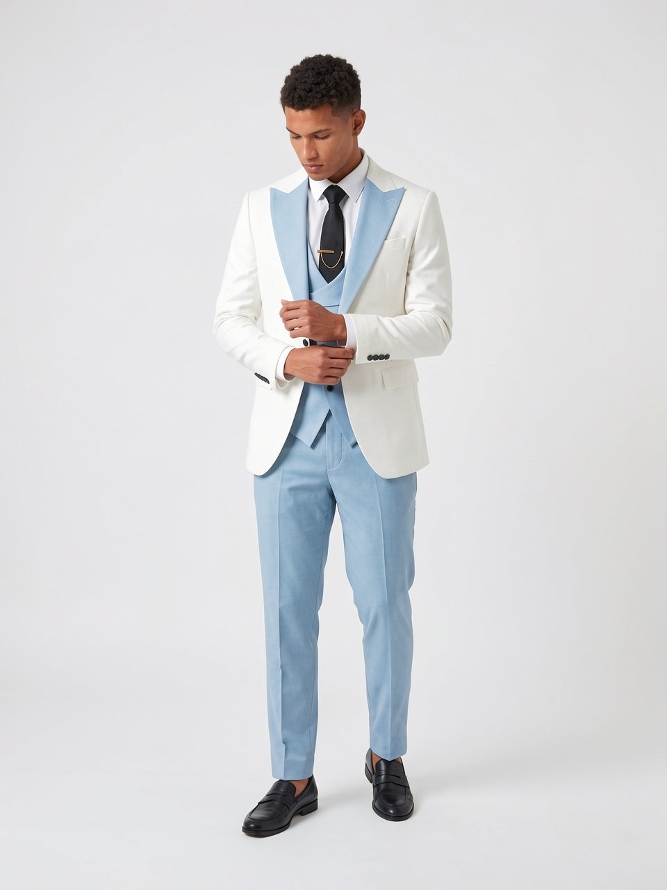 Costume Homme Coupe Ajustée 3 Pièces Gilet Mariage - Bleu Clair XS