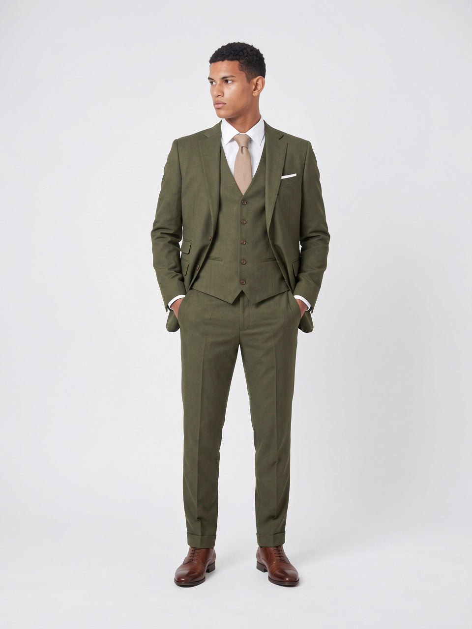 Costume Homme Slim 3 Pièces Gilet Mariage - Vert Kaki S