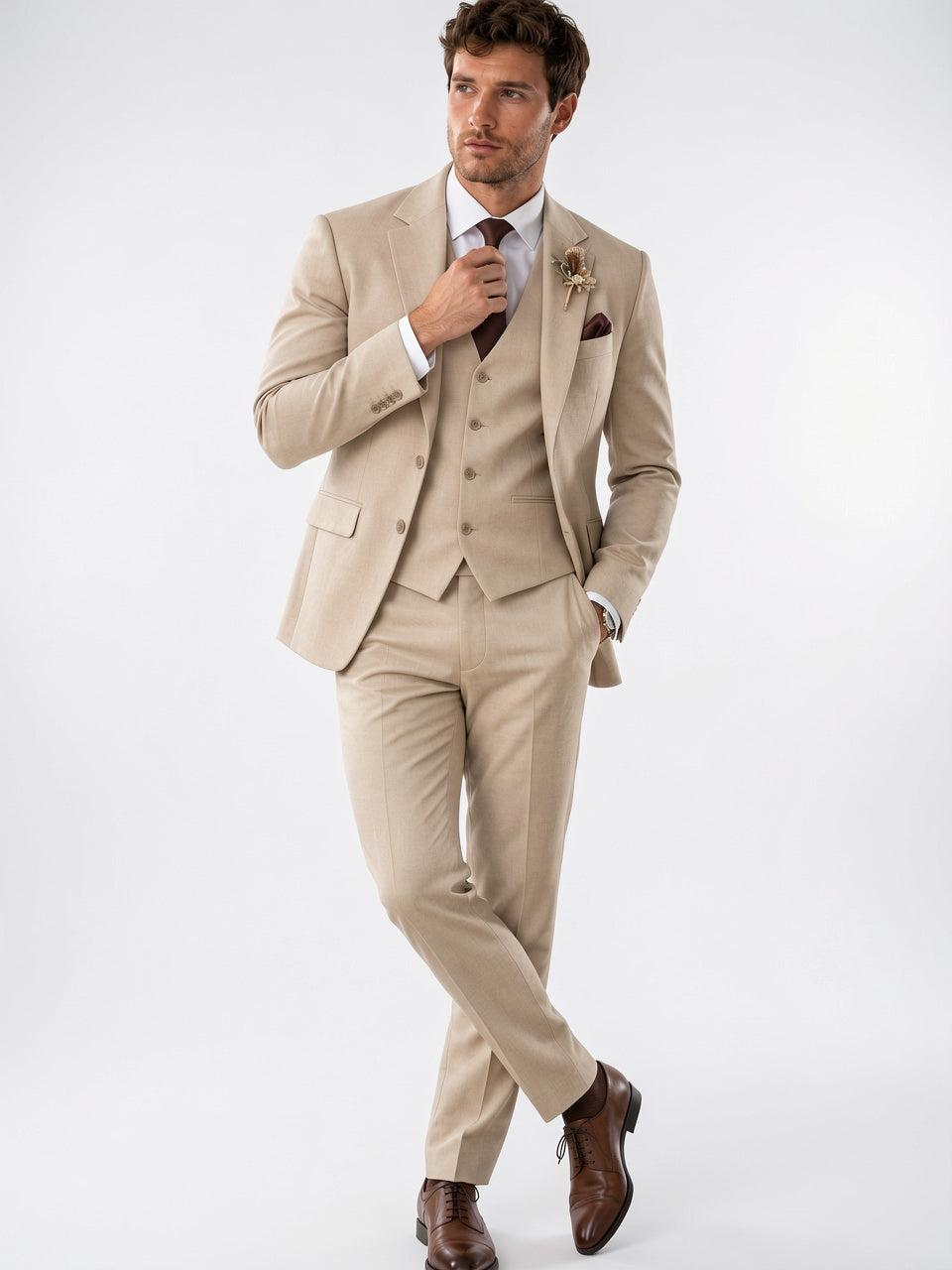 Costume Taillé 3 Pièces Homme Gilet Pantalon Ensemble - Beige S