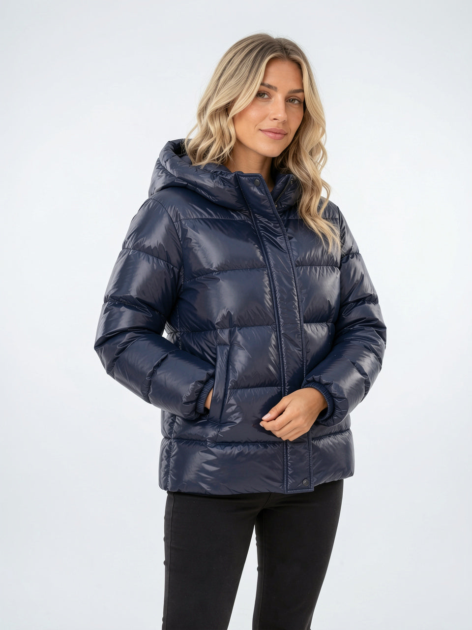 Doudoune Brillante Femme Veste Capuche Chaude Hiver - Bleu S