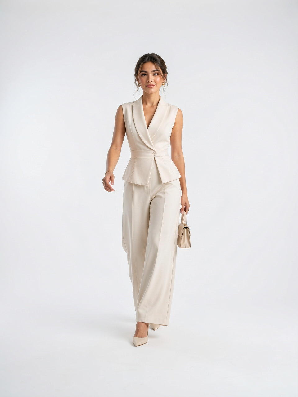 Ensemble 2 Pièces Femme Col V Haut Palazzo - Blanc S