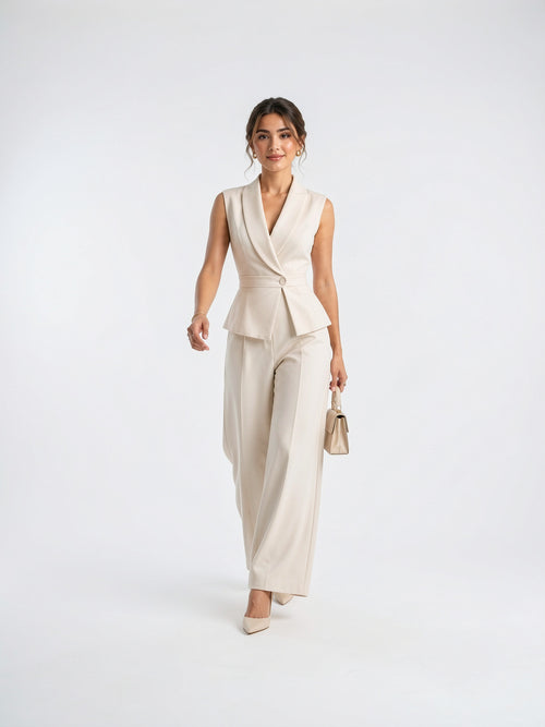 Ensemble 2 Pièces Femme Col V Haut Palazzo - Blanc S