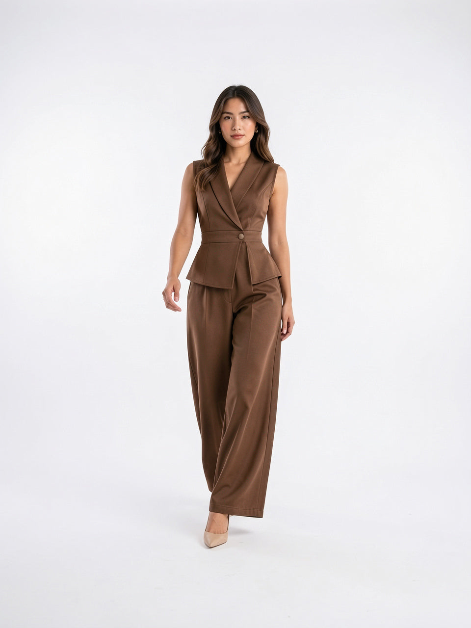 Ensemble 2 Pièces Femme Col V Haut Palazzo - Marron S