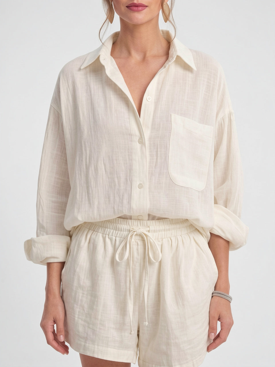 Ensemble 2 Pièces Femme Lin Oversize Chemise Shorts - 2