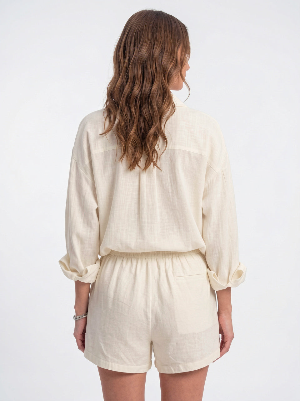 Ensemble 2 Pièces Femme Lin Oversize Chemise Shorts - 3