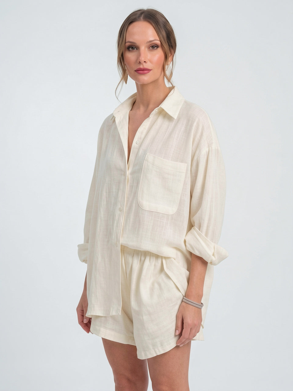 Ensemble 2 Pièces Femme Lin Oversize Chemise Shorts - 4