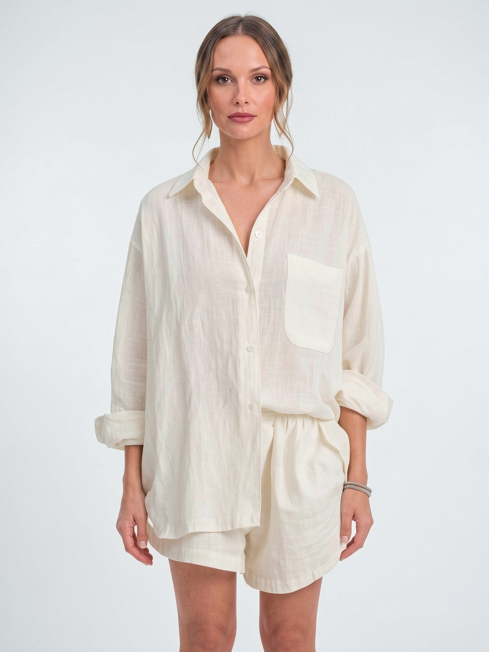 Ensemble 2 Pièces Femme Lin Oversize Chemise Shorts - 5