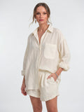 Ensemble 2 Pièces Femme Lin Oversize Chemise Shorts - Blanc Cassé S