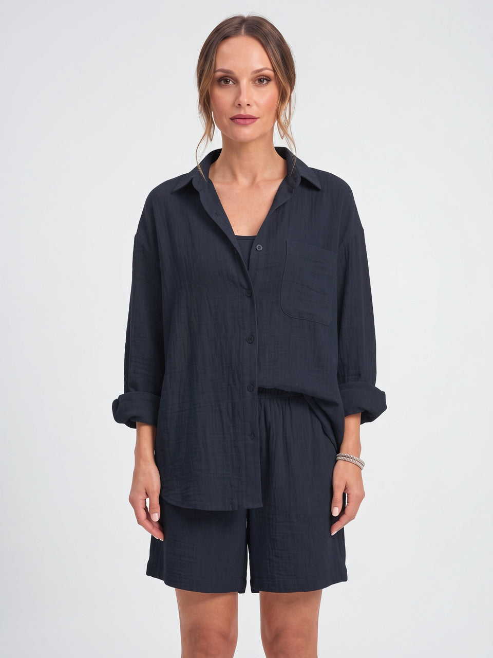 Ensemble 2 Pièces Femme Lin Oversize Chemise Shorts - Bleu Foncé S