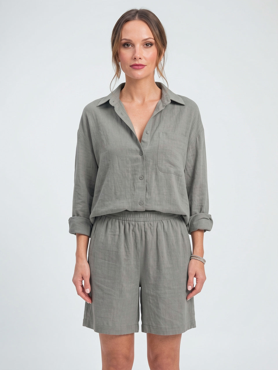 Ensemble 2 Pièces Femme Lin Oversize Chemise Shorts - Gris S