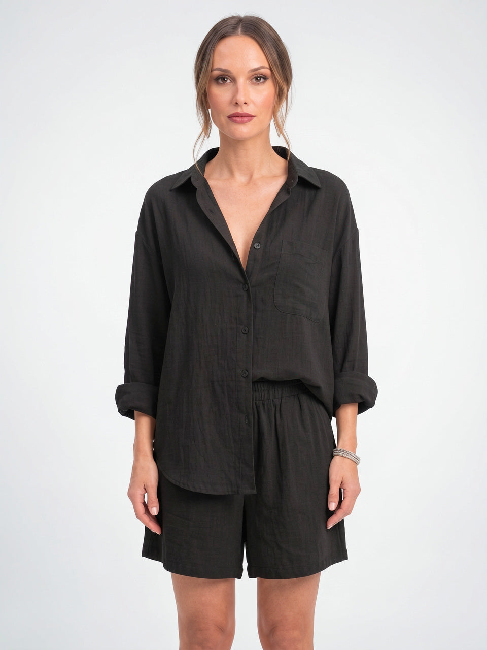 Ensemble 2 Pièces Femme Lin Oversize Chemise Shorts - Noir S