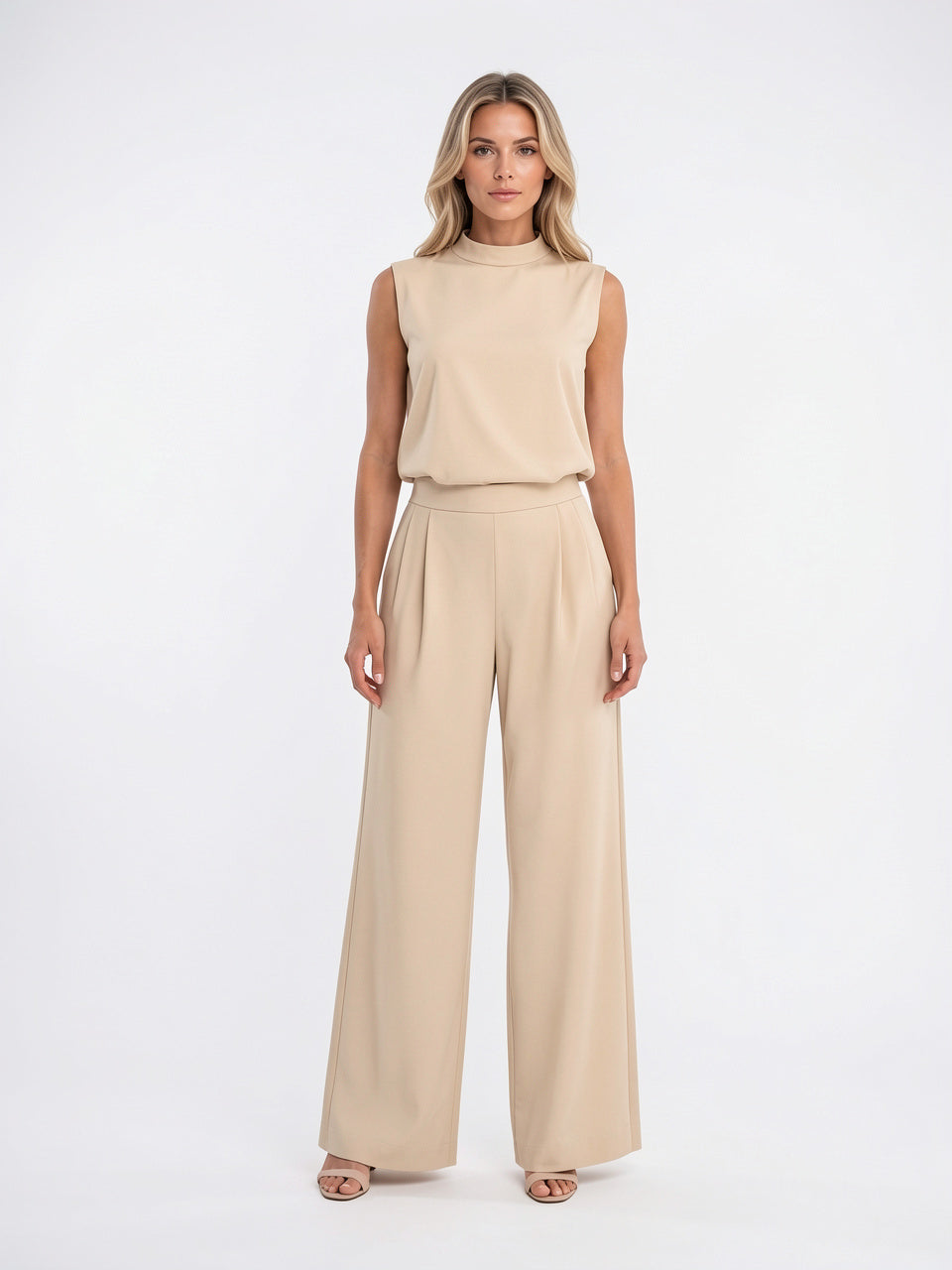 Ensemble 2 Pièces Femme Palazzo Sans Manches Coordonné - Beige S