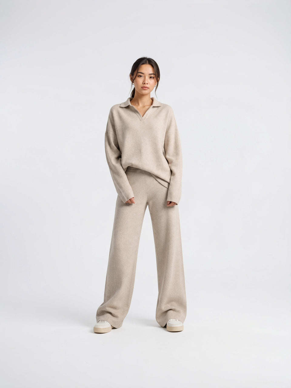 Ensemble 2 Pièces Femme Pull Polo Pantalon Large - Beige S