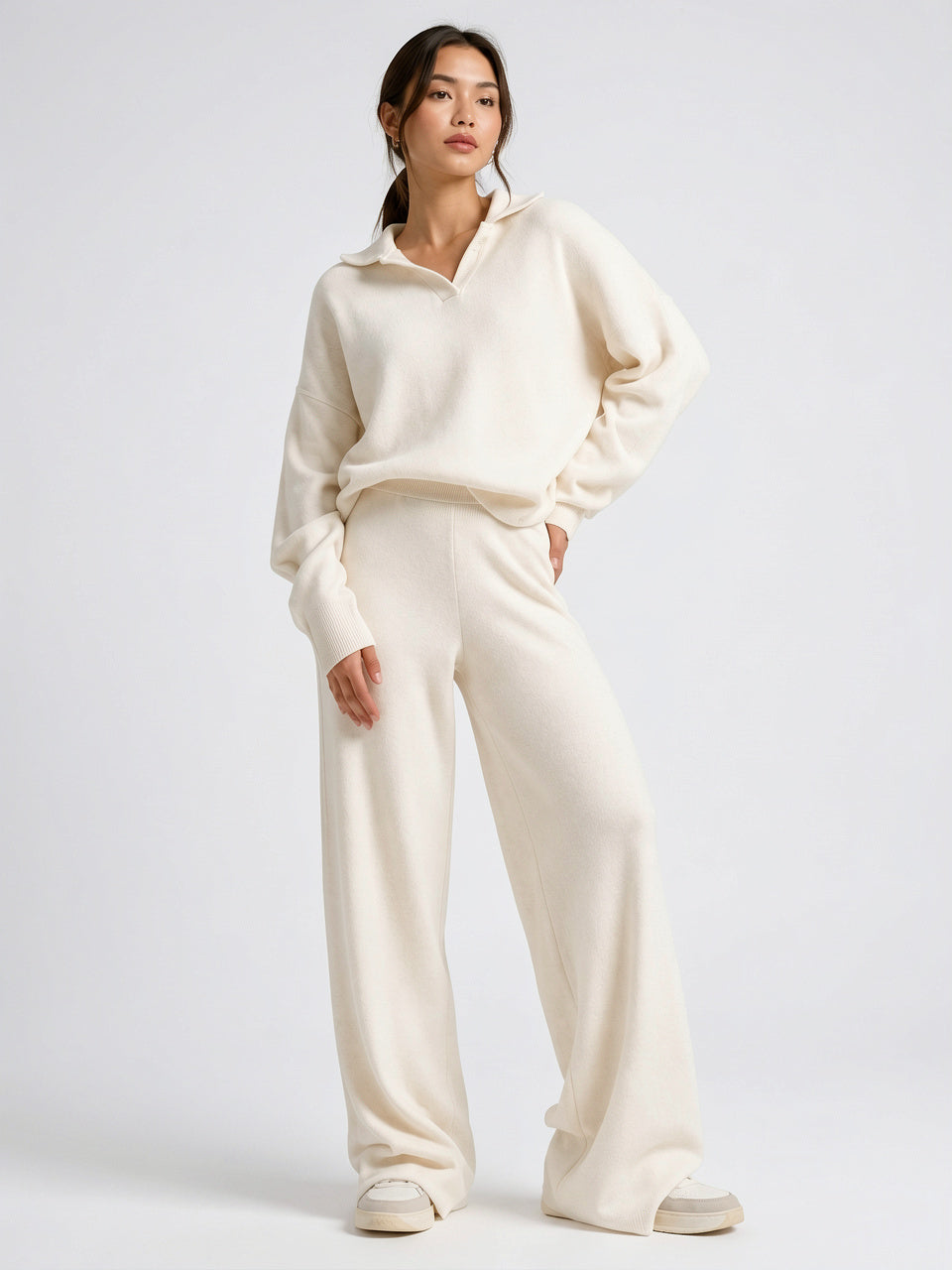 Ensemble 2 Pièces Femme Pull Polo Pantalon Large - Blanc S