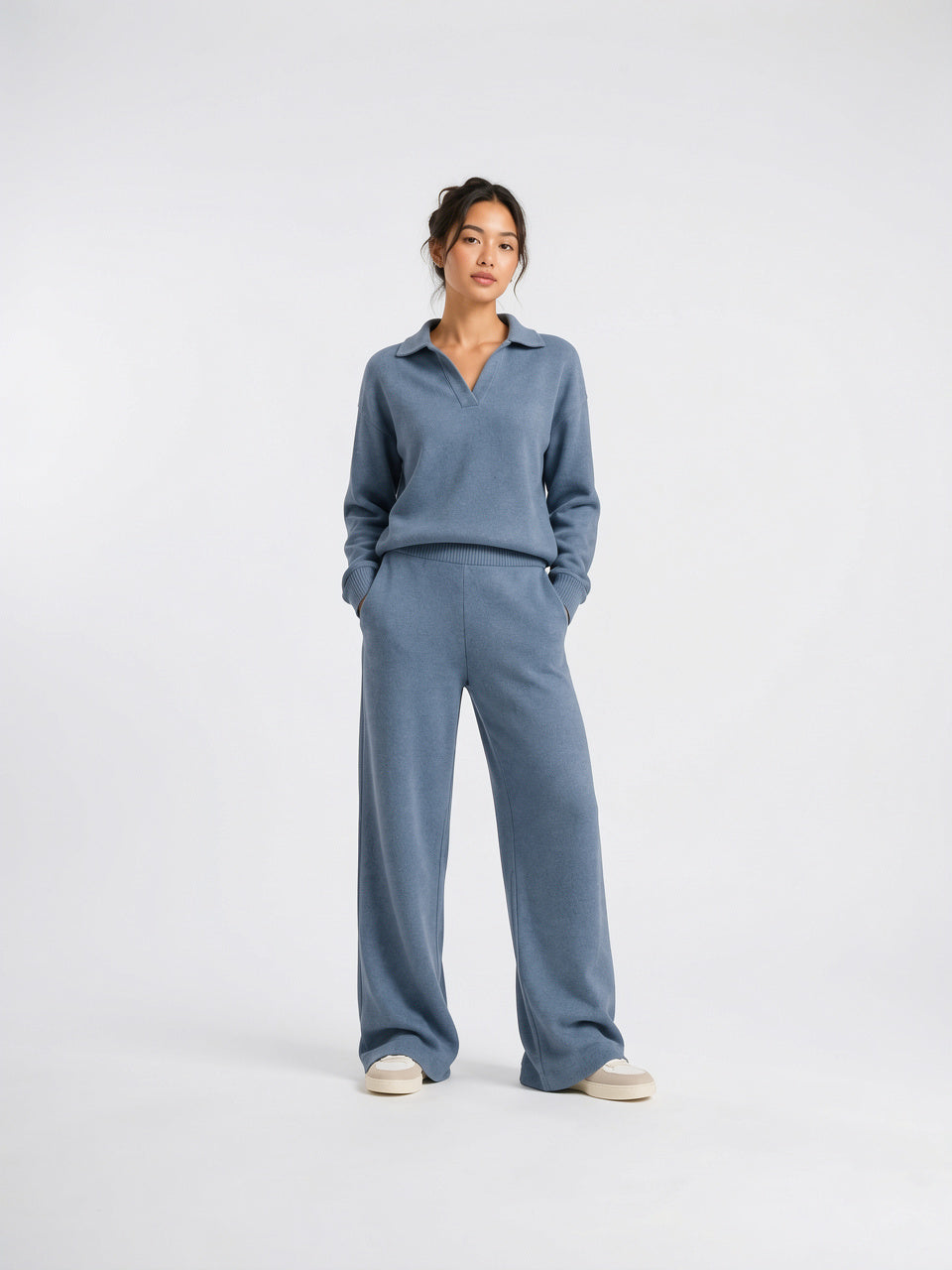 Ensemble 2 Pièces Femme Pull Polo Pantalon Large - Bleu S