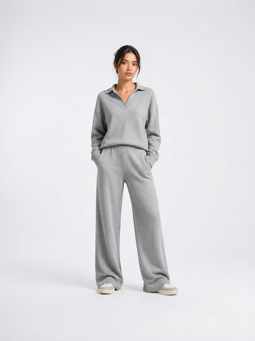 Ensemble 2 Pièces Femme Pull Polo Pantalon Large - Gris S