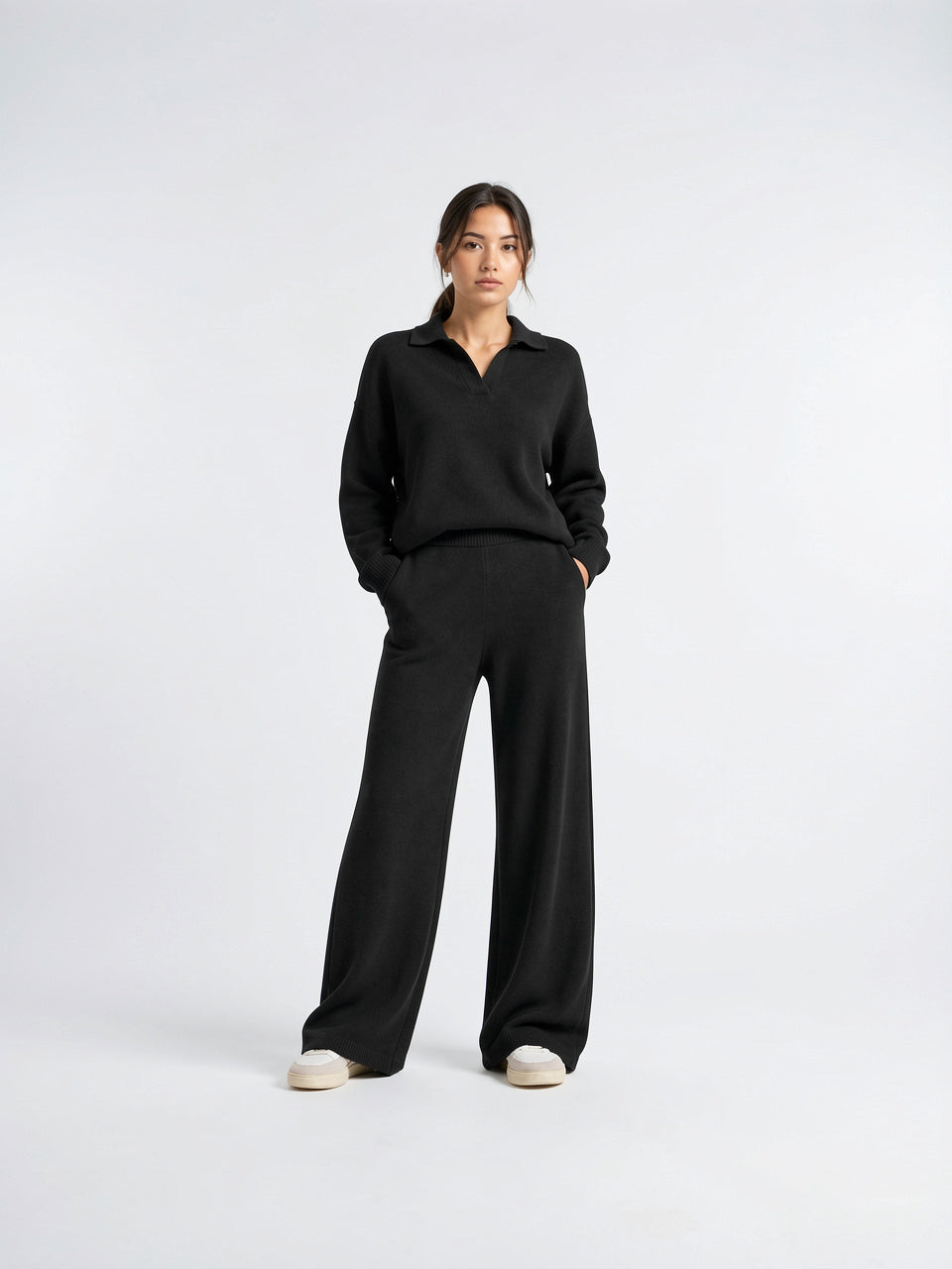 Ensemble 2 Pièces Femme Pull Polo Pantalon Large - Noir S