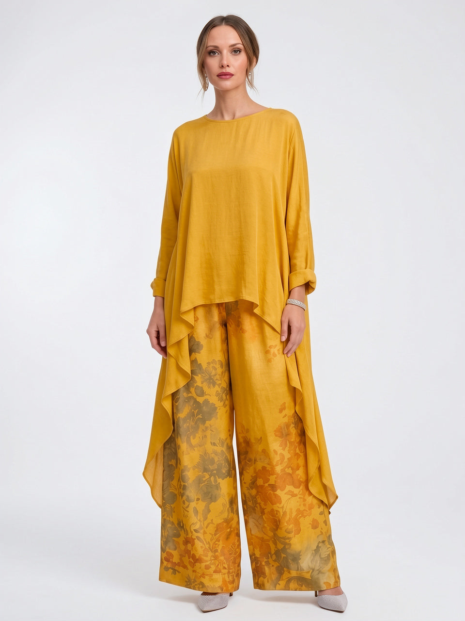 Ensemble 2 Pièces Tunique Palazzo Léger Loungewear Boho - Jaune S