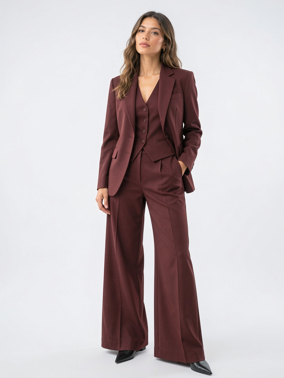 Ensemble blazer tailleur femme trois pièces gilet pantalon - Rouge XS