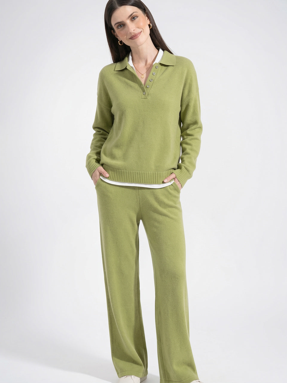 Ensemble Cachemire Femme Pull Polo Pantalon Large - 10