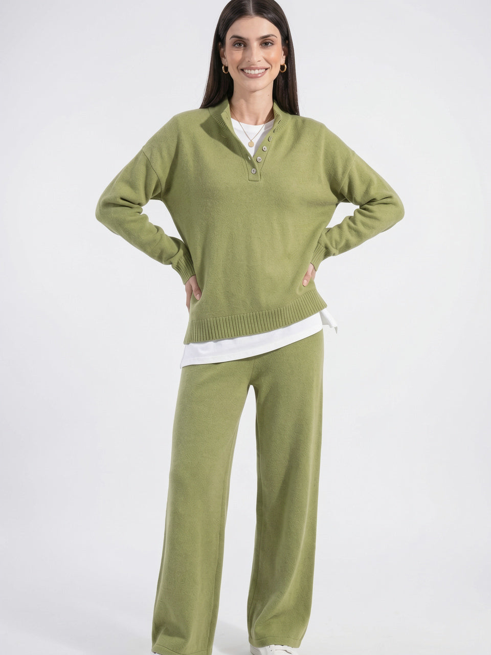 Ensemble Cachemire Femme Pull Polo Pantalon Large - 11
