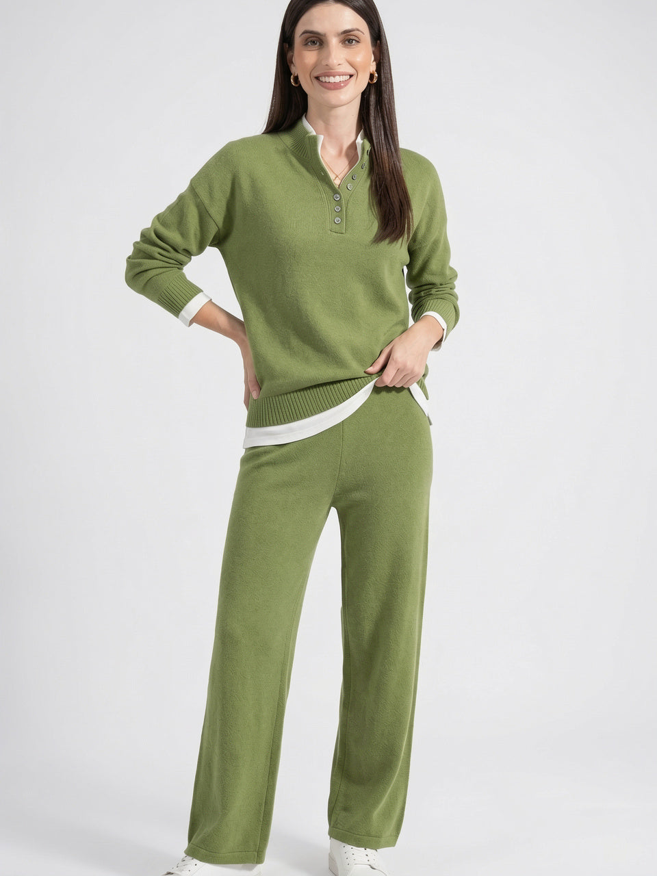 Ensemble Cachemire Femme Pull Polo Pantalon Large - 12
