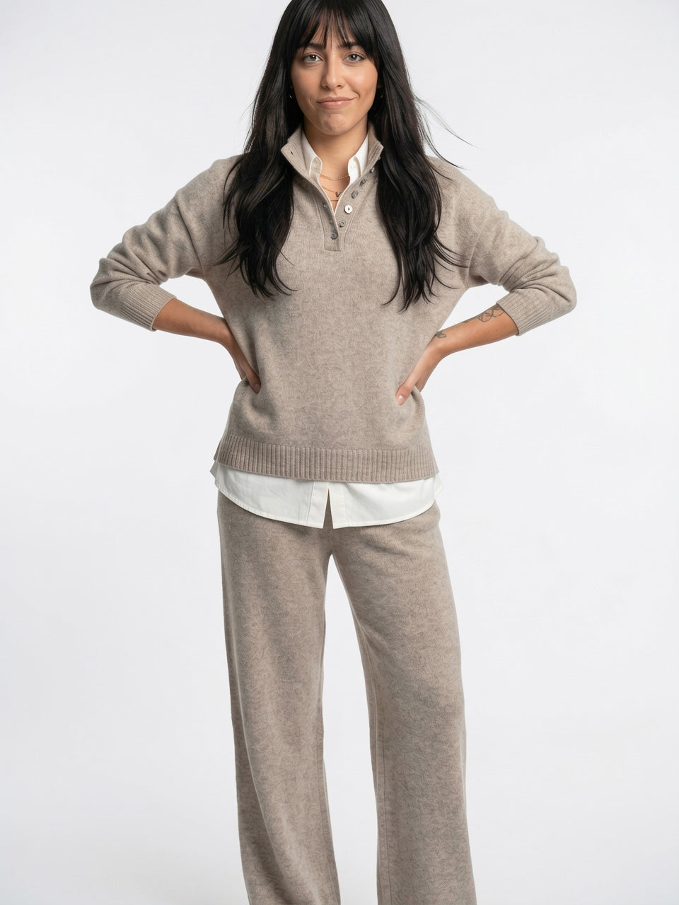 Ensemble Cachemire Femme Pull Polo Pantalon Large - 17
