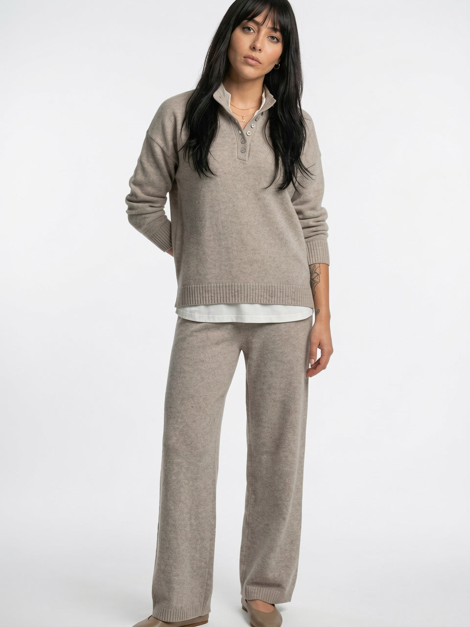 Ensemble Cachemire Femme Pull Polo Pantalon Large - 18