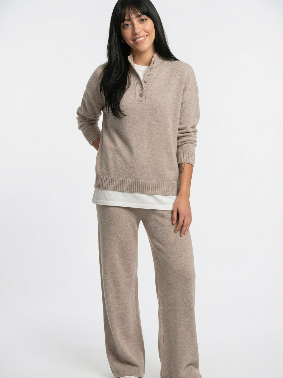 Ensemble Cachemire Femme Pull Polo Pantalon Large - 20