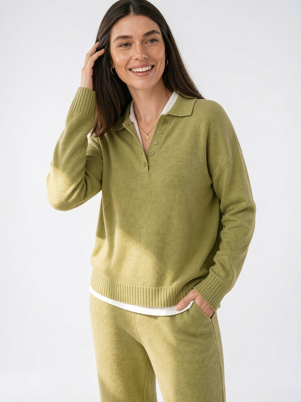 Ensemble Cachemire Femme Pull Polo Pantalon Large - Vert S