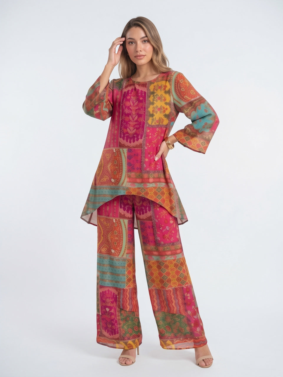 Ensemble Caftan Patchwork Imprimé Femme Deux Pièces Léger - Multicolore S