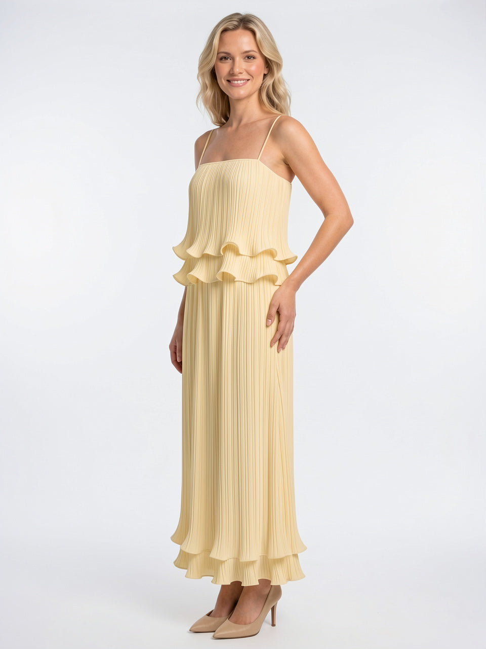 Ensemble Coordonné Plissé Volant Crop Top Jupe Longue - 3