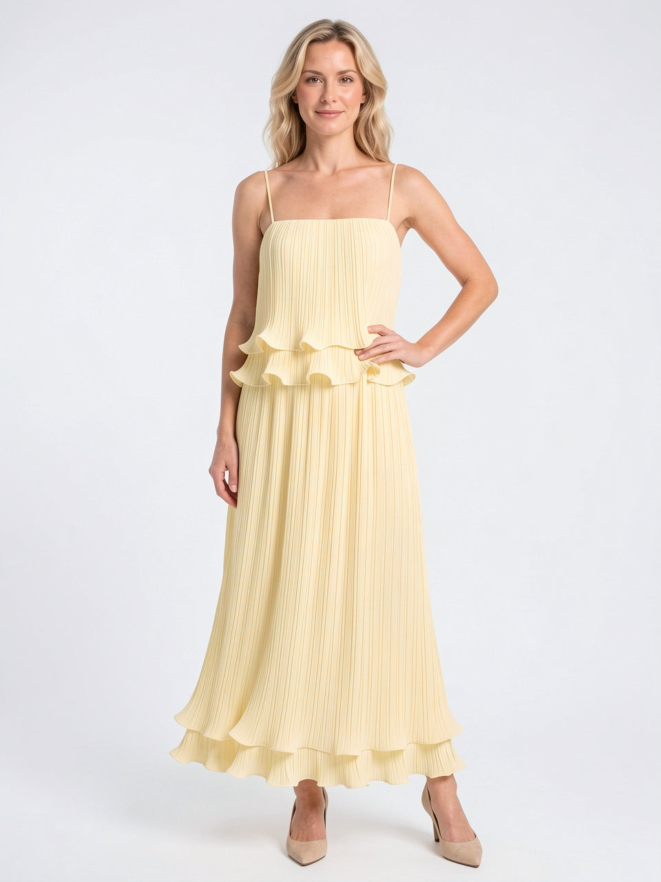 Ensemble Coordonné Plissé Volant Crop Top Jupe Longue - Jaune S