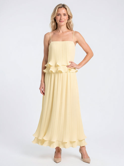 Ensemble Coordonné Plissé Volant Crop Top Jupe Longue - Jaune S