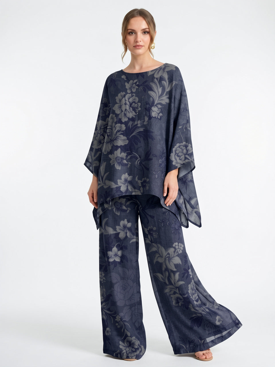 Ensemble Coordonné Poncho Palazzo Imprimé Floral Léger - Bleu XS