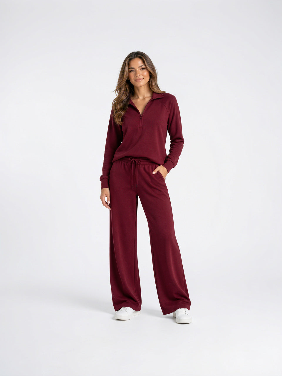 Ensemble Détente Demi-Zip Sweat Pantalon Jambe Large Femme - Bordeaux S