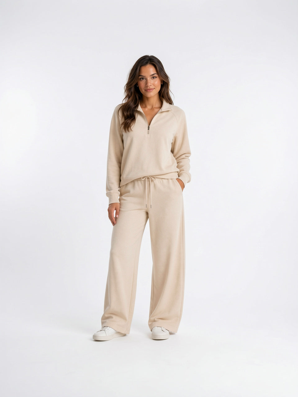 Ensemble Détente Demi-Zip Sweat Pantalon Jambe Large Femme - Crème S