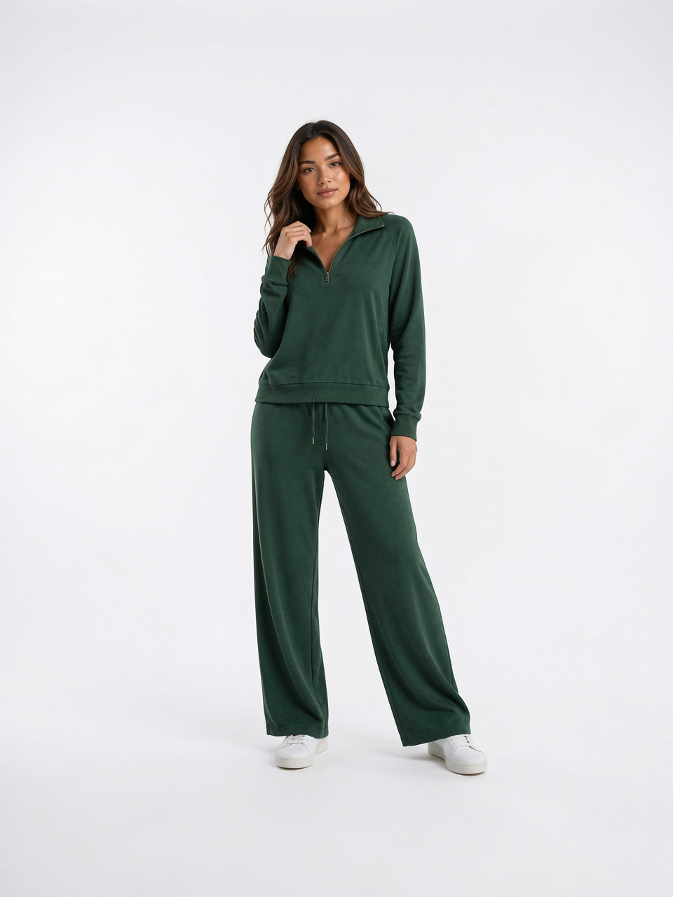 Ensemble Détente Demi-Zip Sweat Pantalon Jambe Large Femme - Vert Foncé S