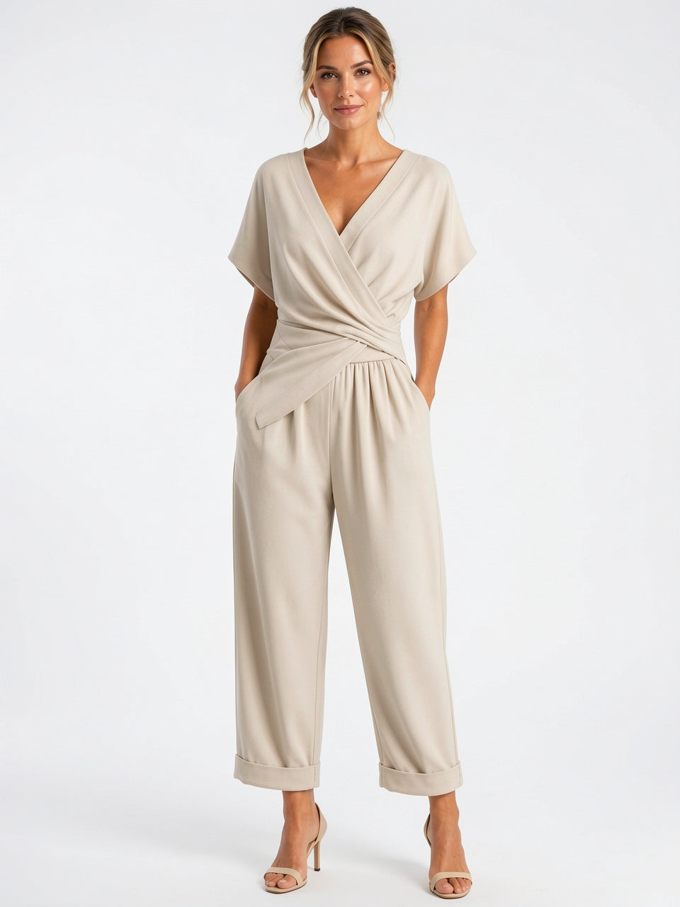 Ensemble Deux Pièces Femme Bardot Col V Été - Beige S