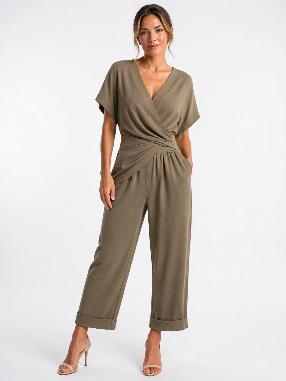 Ensemble Deux Pièces Femme Bardot Col V Été - Kaki S