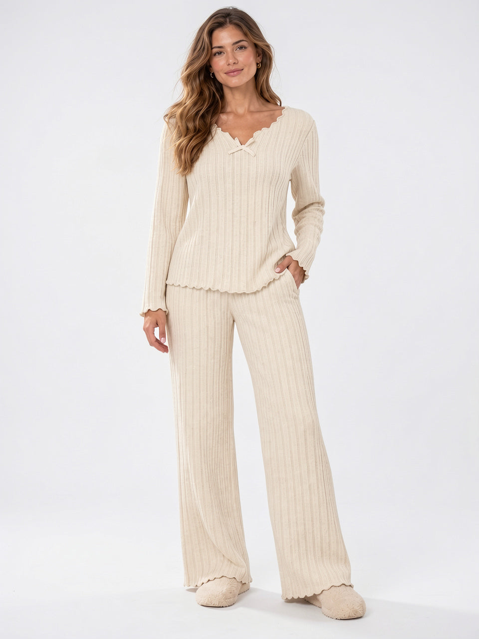 Ensemble Femme 2 Pièces Maille Côtelée Festonnée Détente - Crème S