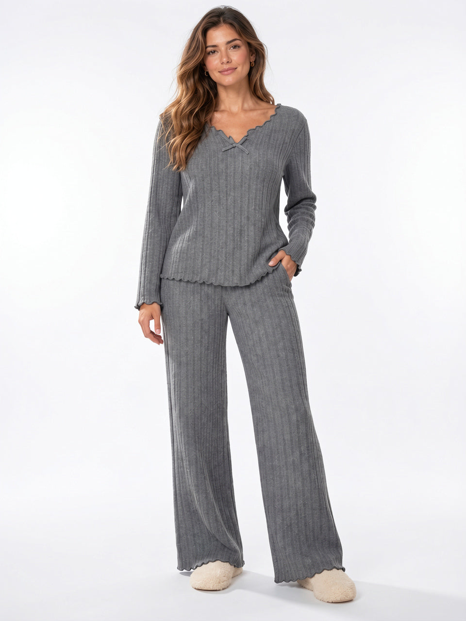 Ensemble Femme 2 Pièces Maille Côtelée Festonnée Détente - Gris S