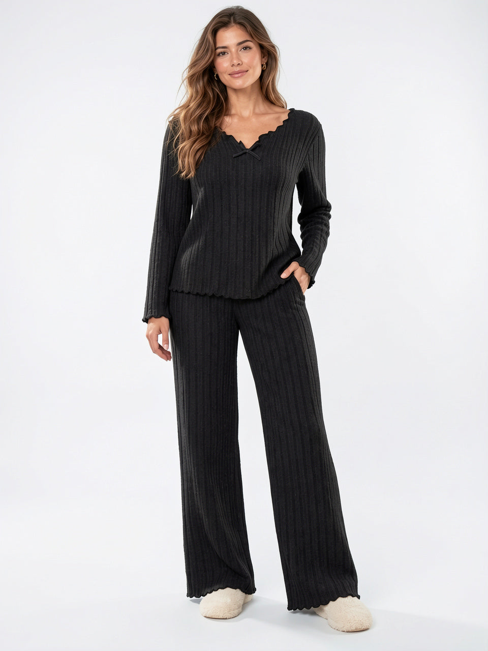 Ensemble Femme 2 Pièces Maille Côtelée Festonnée Détente - Noir S