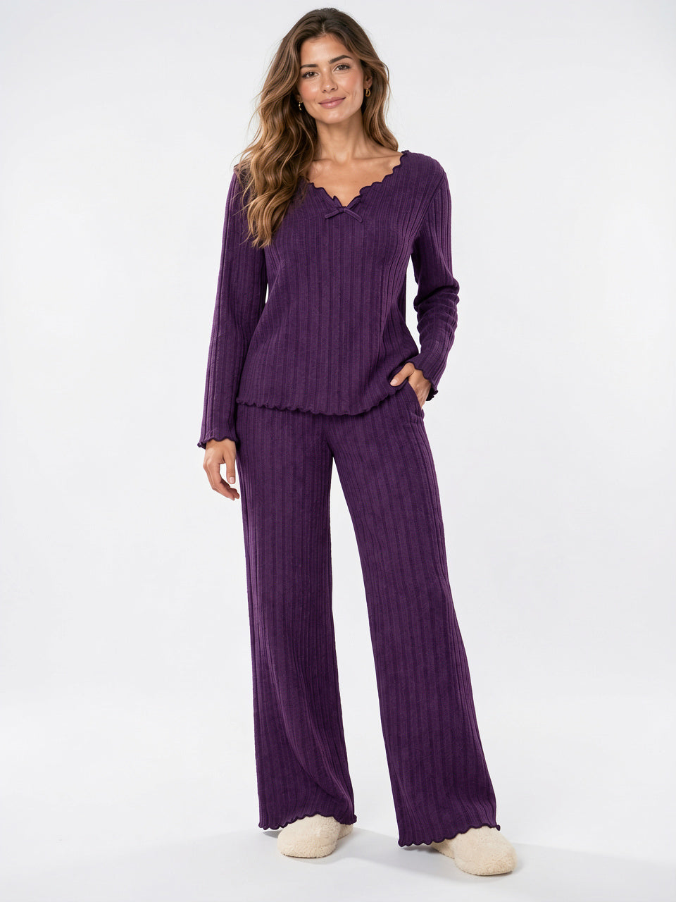 Ensemble Femme 2 Pièces Maille Côtelée Festonnée Détente - Violet S