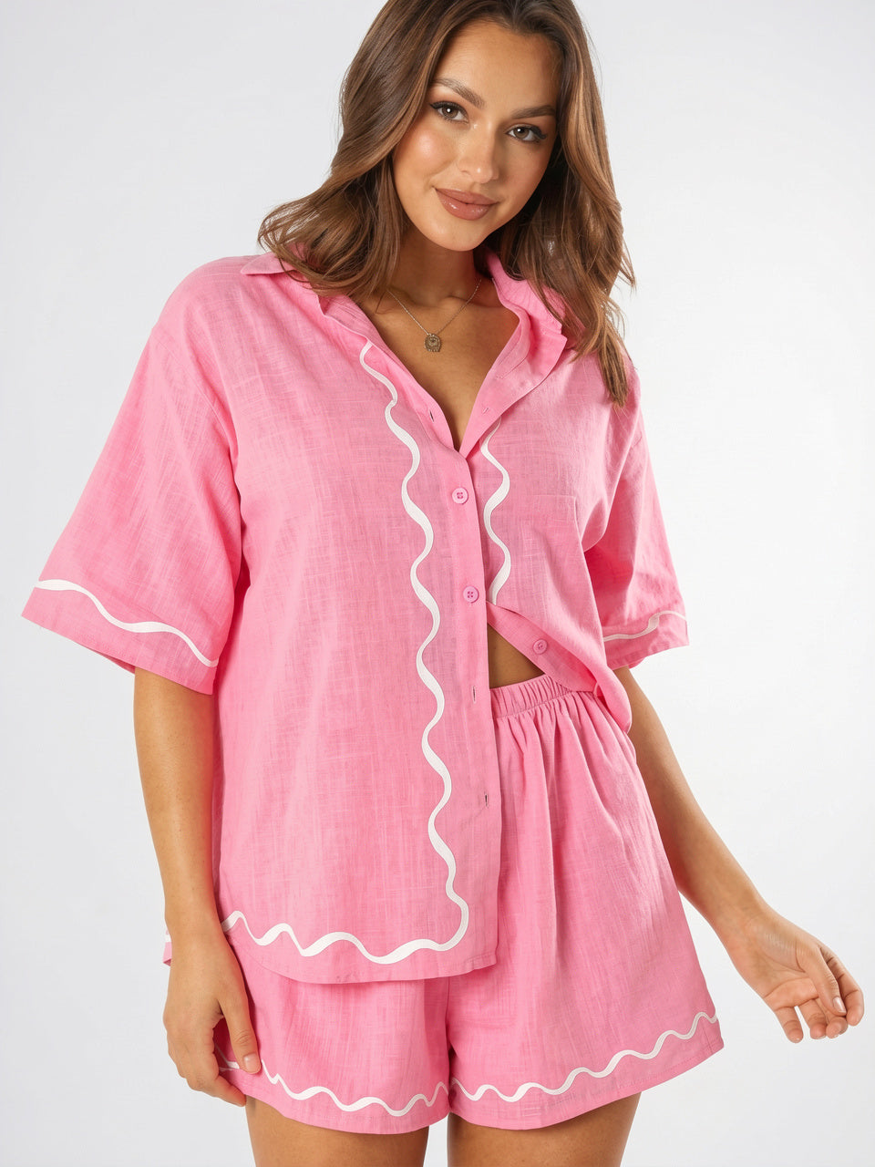 Ensemble Lin Été Femme Chemise Shorts - Rose XS