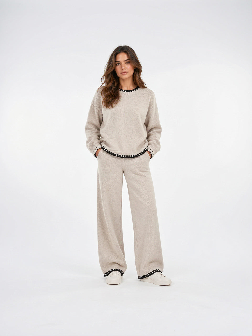 Ensemble Maille Femme Décontracté Pull Pantalon Palazzo - Beige S