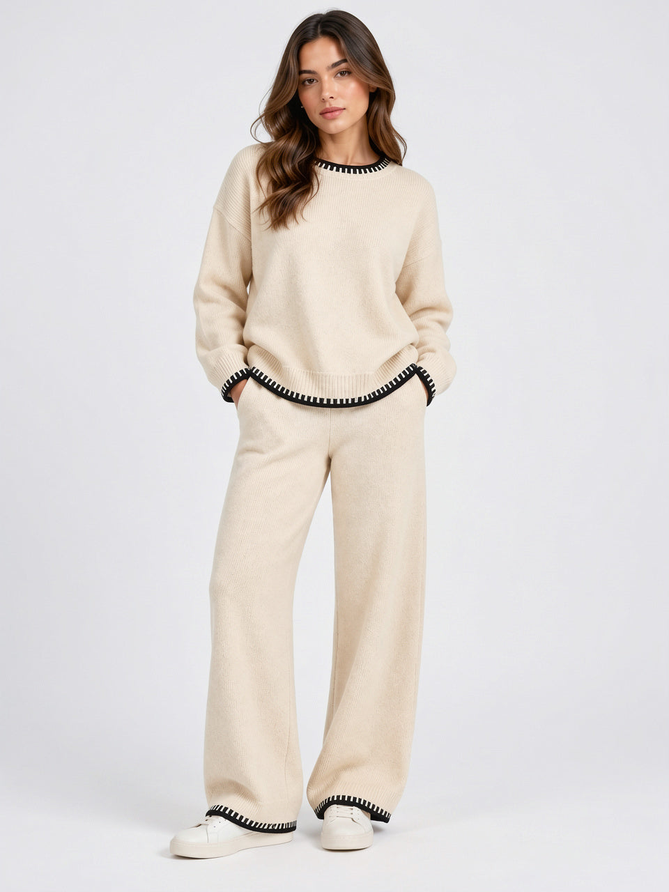 Ensemble Maille Femme Décontracté Pull Pantalon Palazzo - Crème S