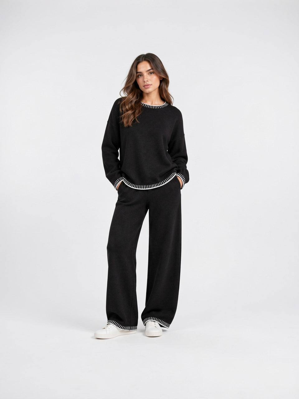 Ensemble Maille Femme Décontracté Pull Pantalon Palazzo - Noir S