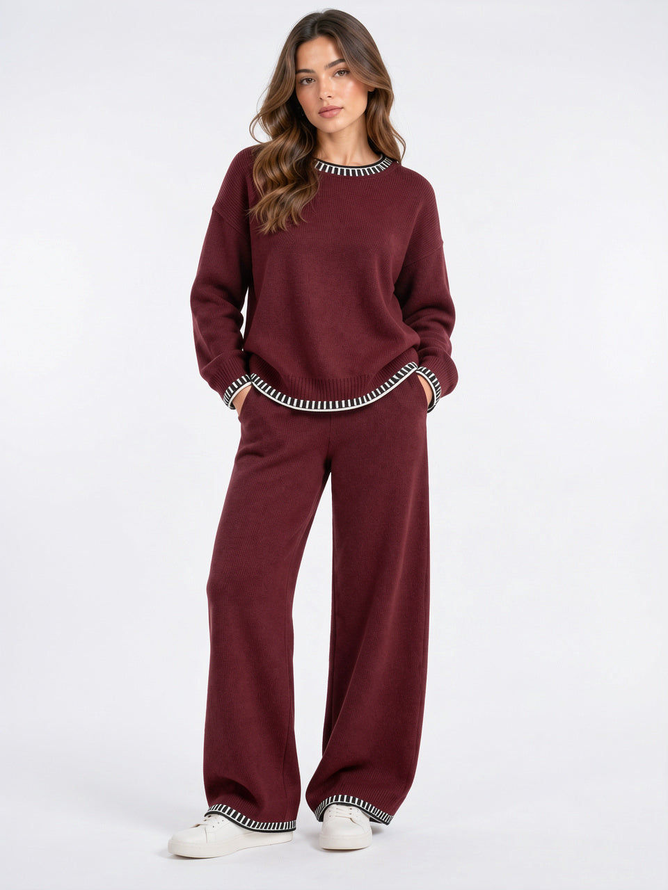 Ensemble Maille Femme Décontracté Pull Pantalon Palazzo - Rouge S